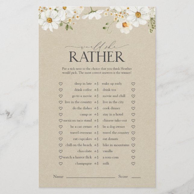 Would She Rather Rustic Daisy Bridal Shower Game (Front)