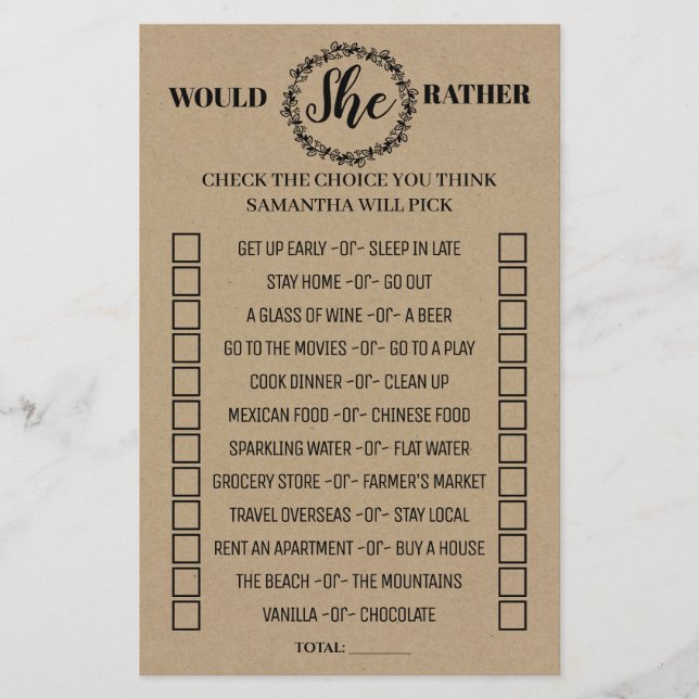 Would She Rather rustic shower bilingual game Flyer (Front)