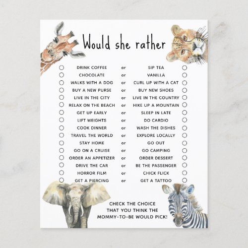 Would she rather - safari baby shower game