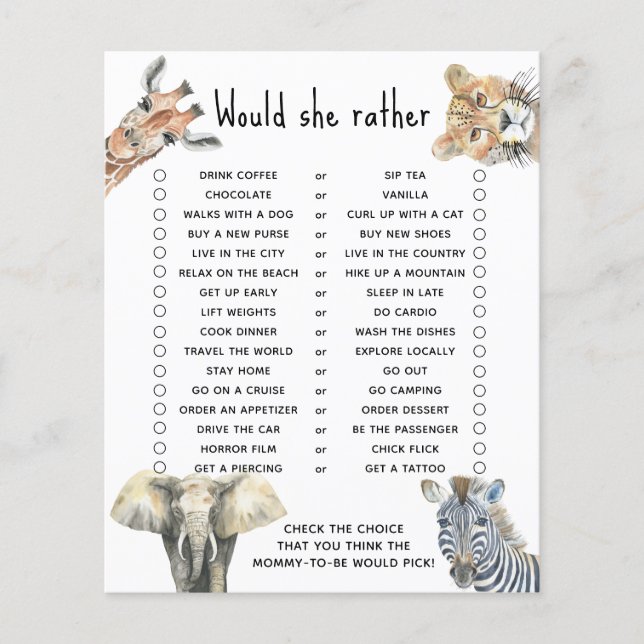 Would she rather - safari baby shower game (Front)