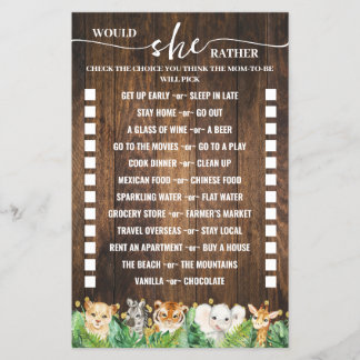 Would She Rather Safari Baby Shower Game Card Flyer
