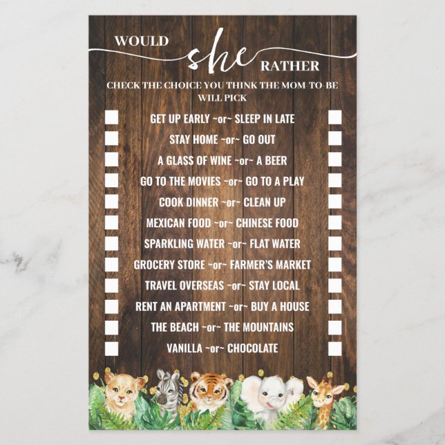 Would She Rather Safari Baby Shower Game Card Flyer (Front)