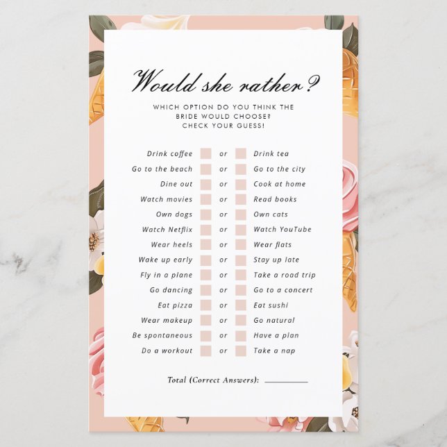 Would She Rather Scooped Up Bridal Shower Game (Front)