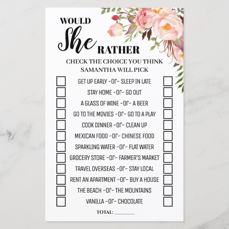 Would She Rather shower english spanish game | Zazzle