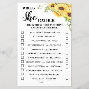 Would She Rather shower english spanish game card Flyer