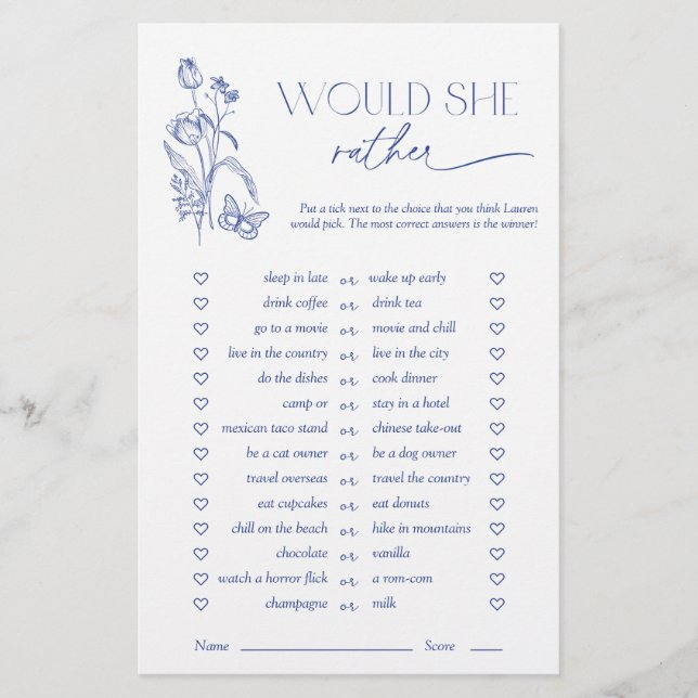 Would She Rather Something Blue Bridal Shower Game (Front)