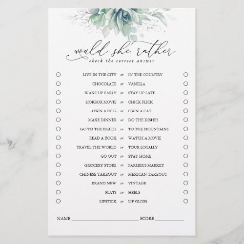 Would She Rather Succulents Greenery Bridal Game