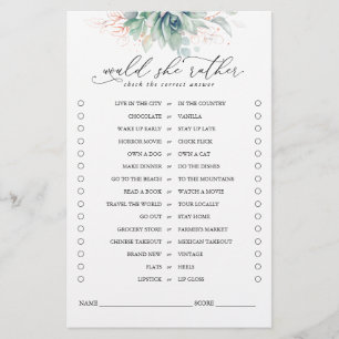Would She Rather Succulents Greenery Bridal Game