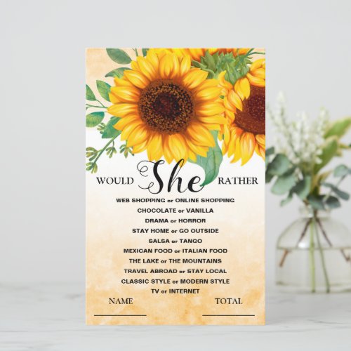 Would She Rather Sunflower Bridal Game Invitation