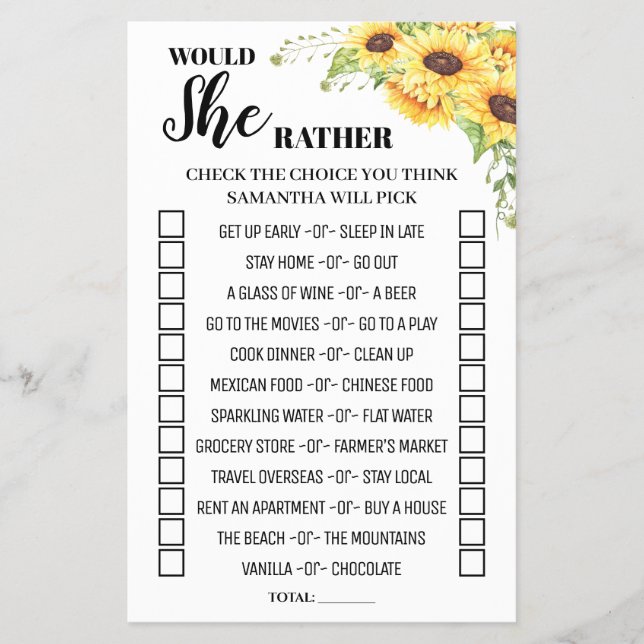 Would She Rather Sunflower Bridal Shower Game Card Flyer (Front)