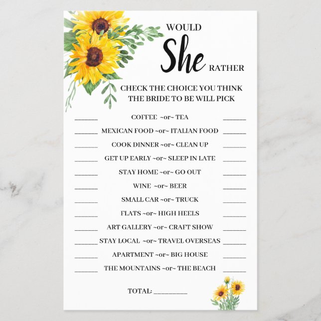 Would She Rather Sunflower Bridal Shower Game Card Flyer (Front)