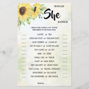 Would She Rather Sunflower Bridal Shower Game Card Flyer