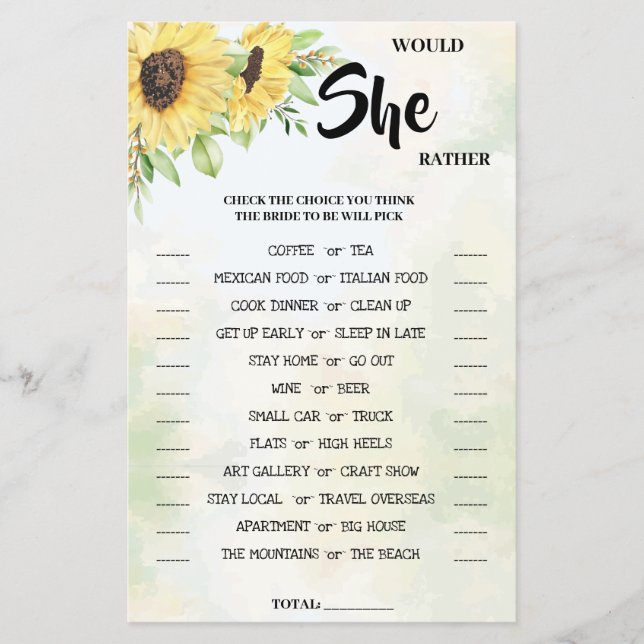 Would She Rather Sunflower Bridal Shower Game Card Flyer (Front)