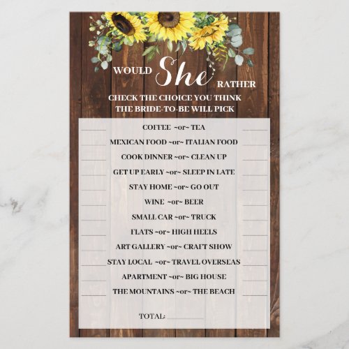 Would She Rather Sunflower Bridal Shower Game Card Flyer