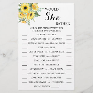 Would She Rather Sunflower Bridal Shower Game Card Flyer