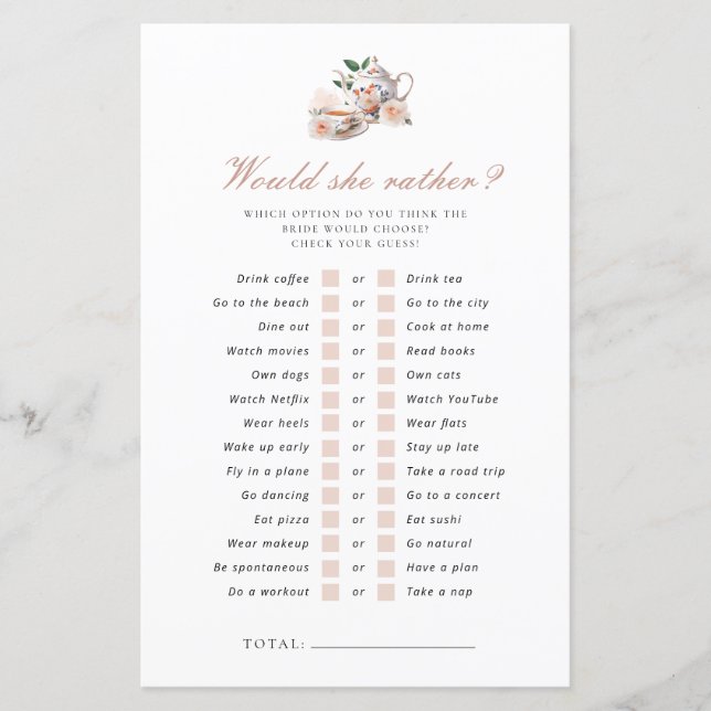 Would She Rather Tea Party Bridal Shower Game (Front)