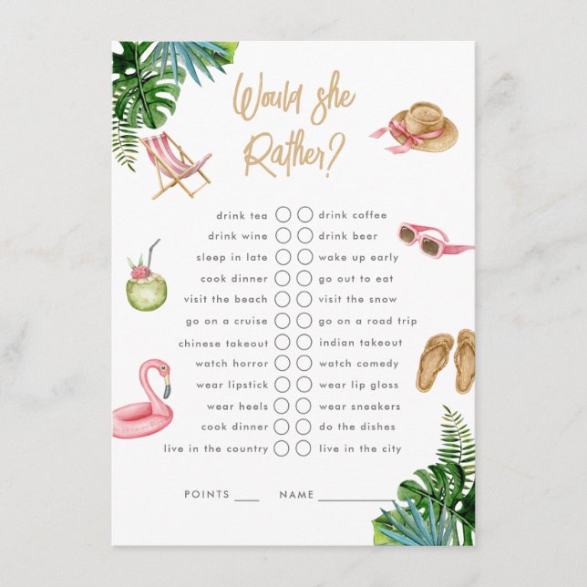Would She Rather Tropical Getaway Bachelorette Enclosure Card (Front)