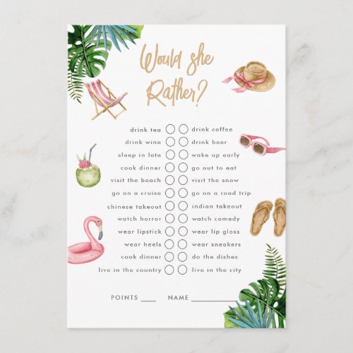 Would She Rather Tropical Getaway Bachelorette Enclosure Card