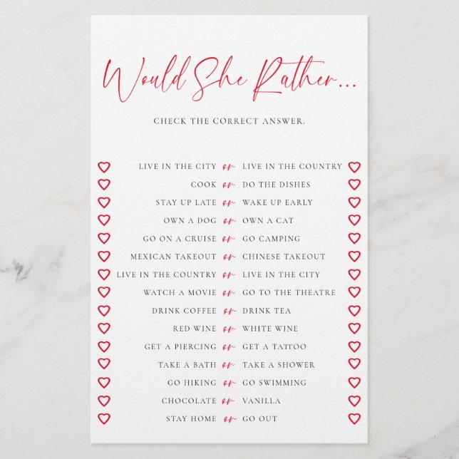 Would She Rather Valentine Chic Bridal Shower Game Flyer (Front)