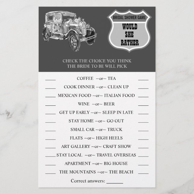 Would She Rather Wedding Car Shower Game Card Flyer (Front)