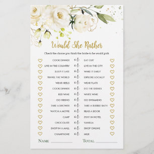 Would She Rather White Roses Bridal Shower Game Flyer