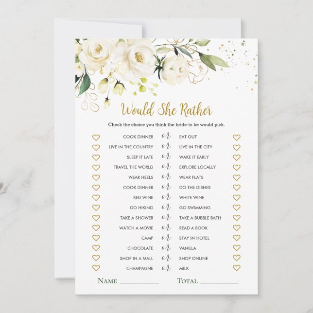 Would She Rather White Roses Bridal Shower Game  Invitation (Front)