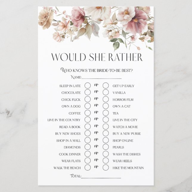 Would She Rather Wildflower Bridal Shower Game (Front)