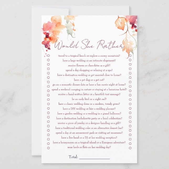 Would she rather winery bridal shower game (Front)