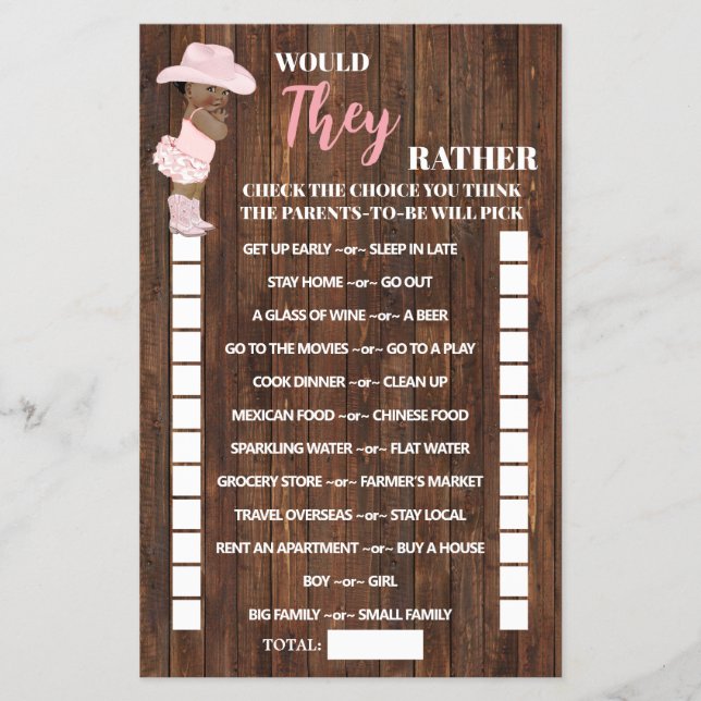 Would They Rather AA Cowgirl Baby Shower Game Card Flyer (Front)