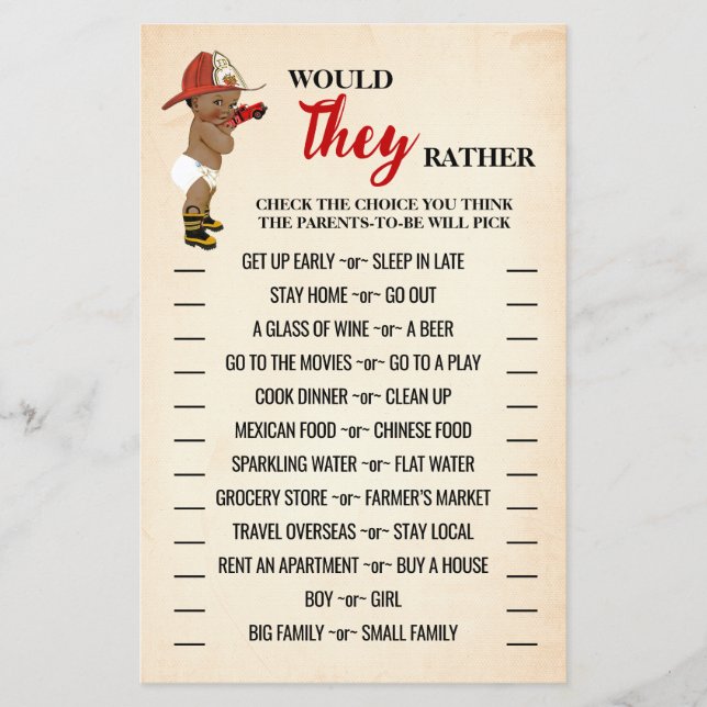 Would They Rather AA Fireman Baby Shower Game Card Flyer (Front)