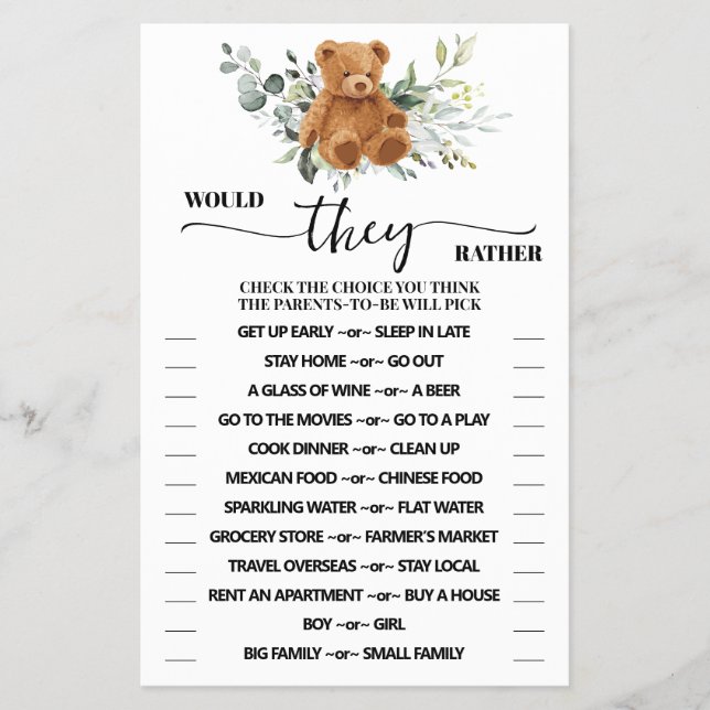 Would They Rather Bear Greenery Shower Game Card Flyer (Front)
