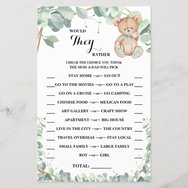 Would They Rather Bear Greenery Shower Game Card Flyer (Front)