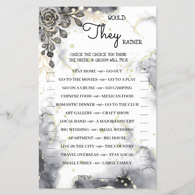 Would They Rather Black Roses Shower Game Card Flyer (Front)