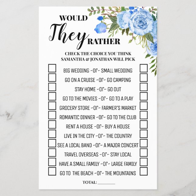 Would They Rather Blue Bridal Shower Game Card Flyer (Front)