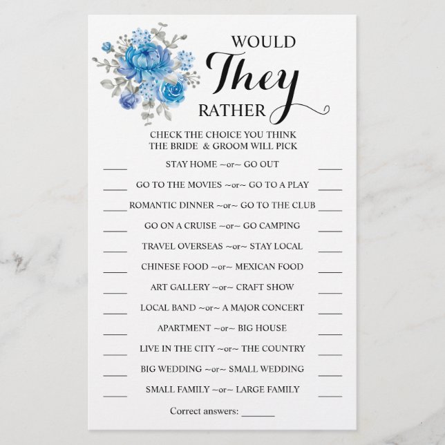 Would They Rather Blue Flower Shower Game Card Flyer (Front)