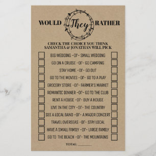 Would They Rather Bridal Shower Rustic Game Card Flyer