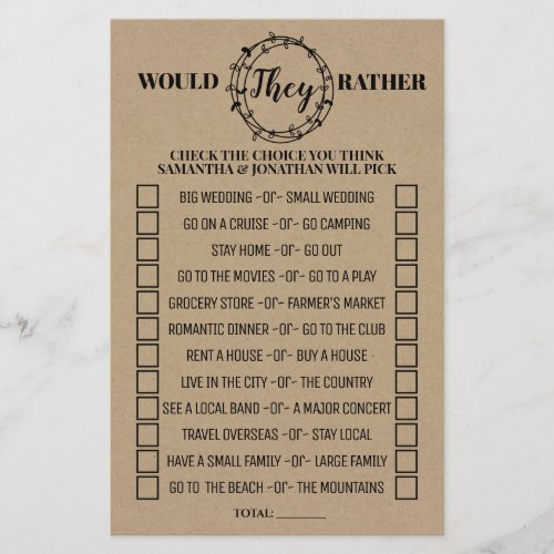 Would They Rather Bridal Shower Rustic Game Card Flyer