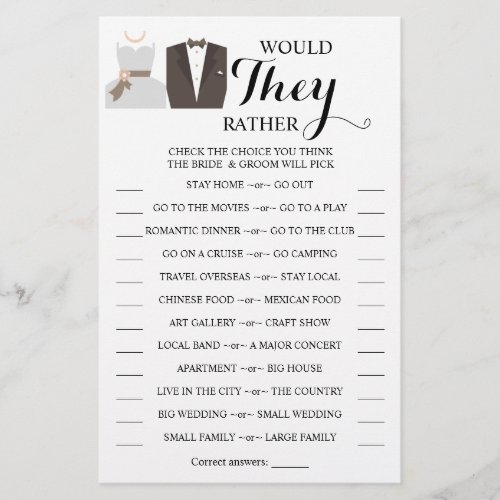 Would They Rather Bride  Groom Shower Game Card Flyer