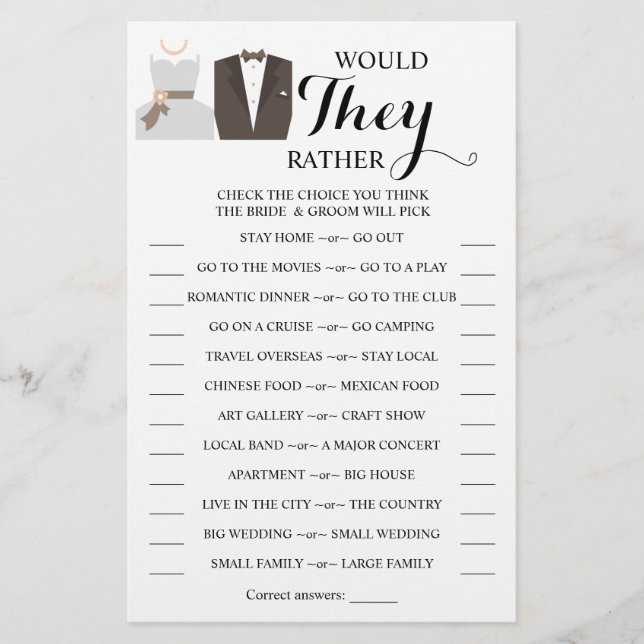 Would They Rather Bride & Groom Shower Game Card Flyer (Front)