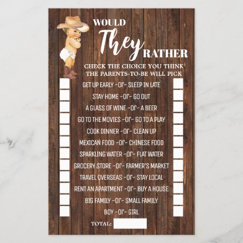 Would They Rather Cowboy Baby Shower Game Card Flyer