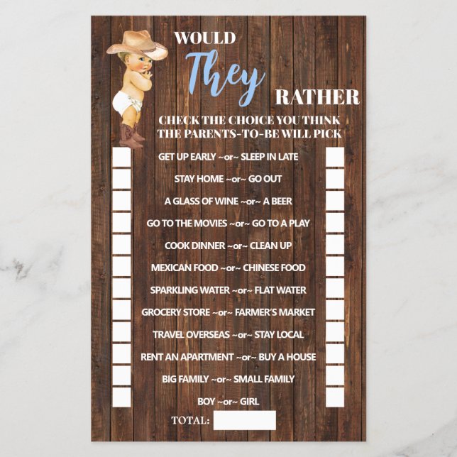Would They Rather Cowboy Baby Shower Game Card Flyer (Front)