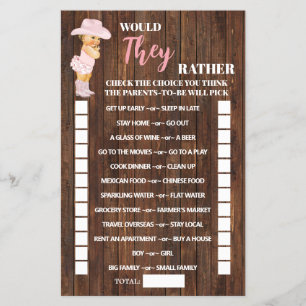 Would They Rather Cowgirl Baby Shower Game Card Flyer