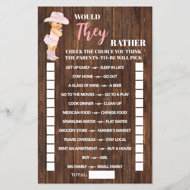 Would They Rather Cowgirl Baby Shower Game Card Flyer (Front)