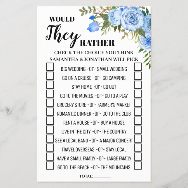 Would they rather english spanish shower game card flyer (Front)