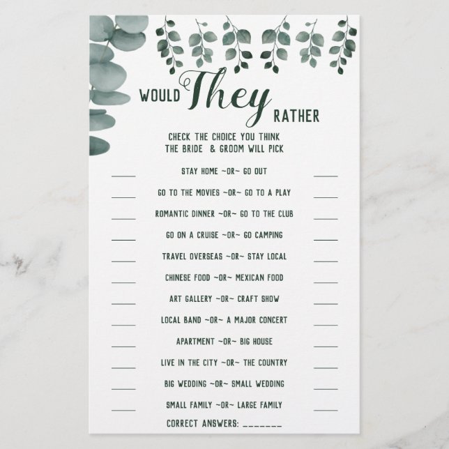 Would They Rather Eucalyptus Shower Game Card Flyer (Front)