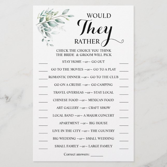 Would They Rather Eucalyptus Shower Game Card Flyer (Front)