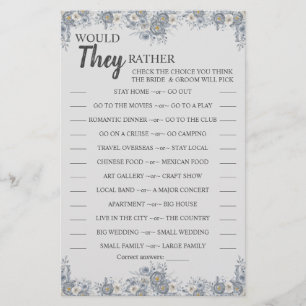 Would They Rather Gray Floral Shower Game Card Flyer