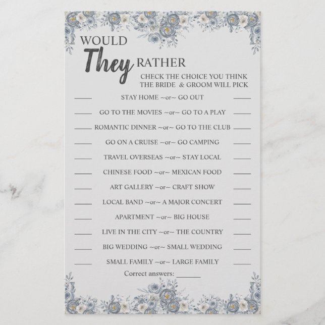 Would They Rather Gray Floral Shower Game Card Flyer (Front)
