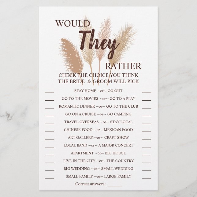 Would They Rather Pampas Grass Shower Game Card Flyer (Front)