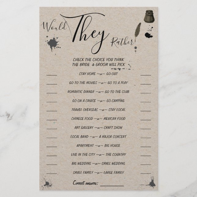 Would They Rather Pen & Inkwell Shower Game Card Flyer (Front)